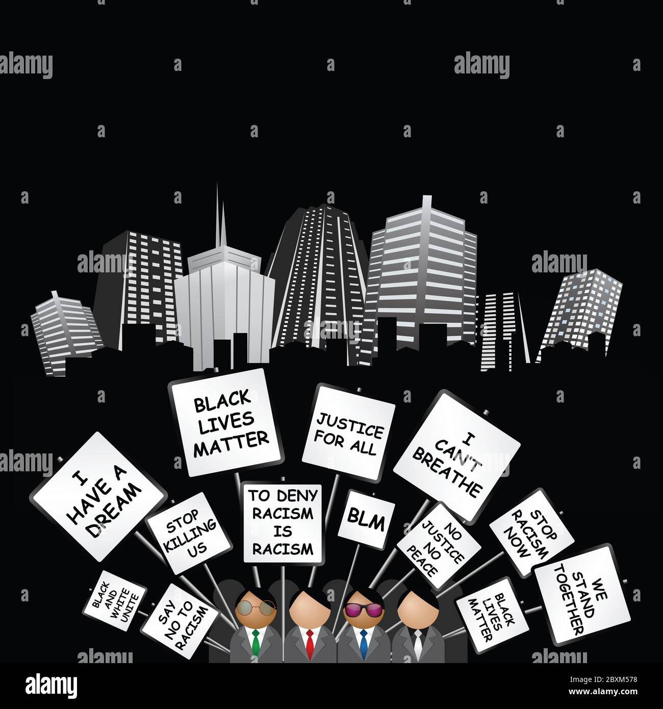 Mouvement international des droits de l'homme les vies noires comptent avec les personnes manifestant pacifiquement sur fond urbain générique Banque D'Images