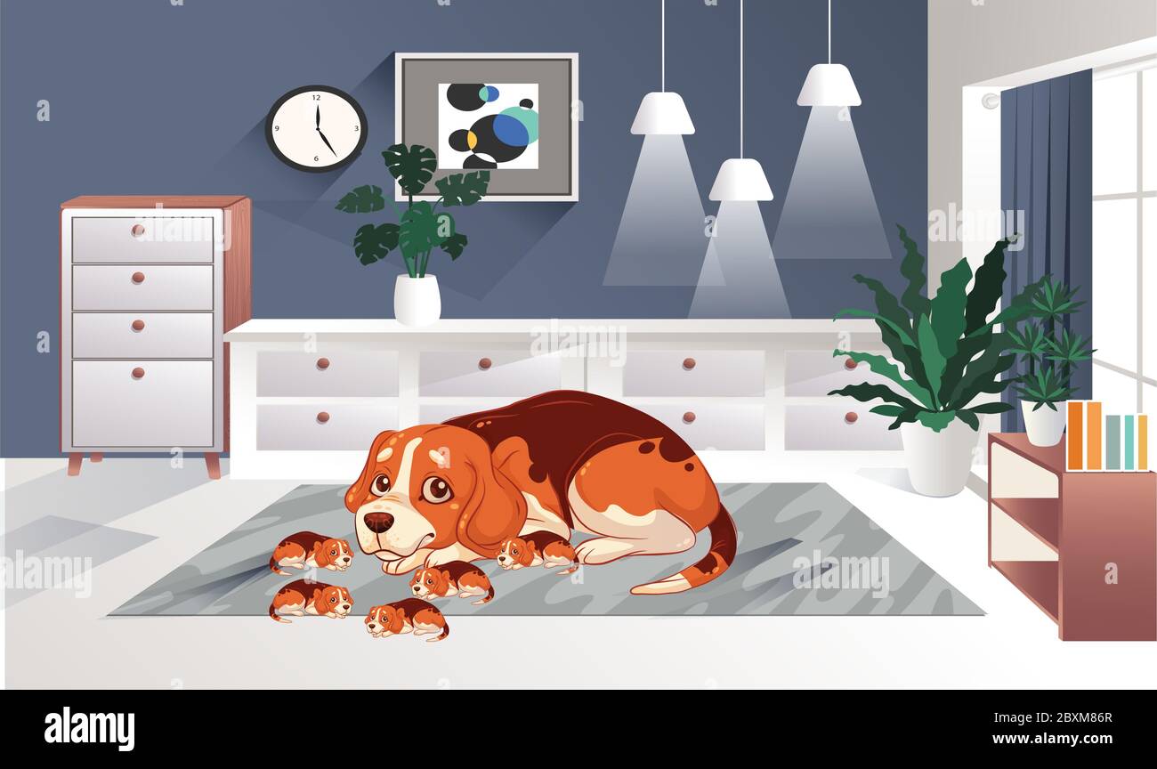 chien domestique avec sa famille dans un salon Illustration de Vecteur