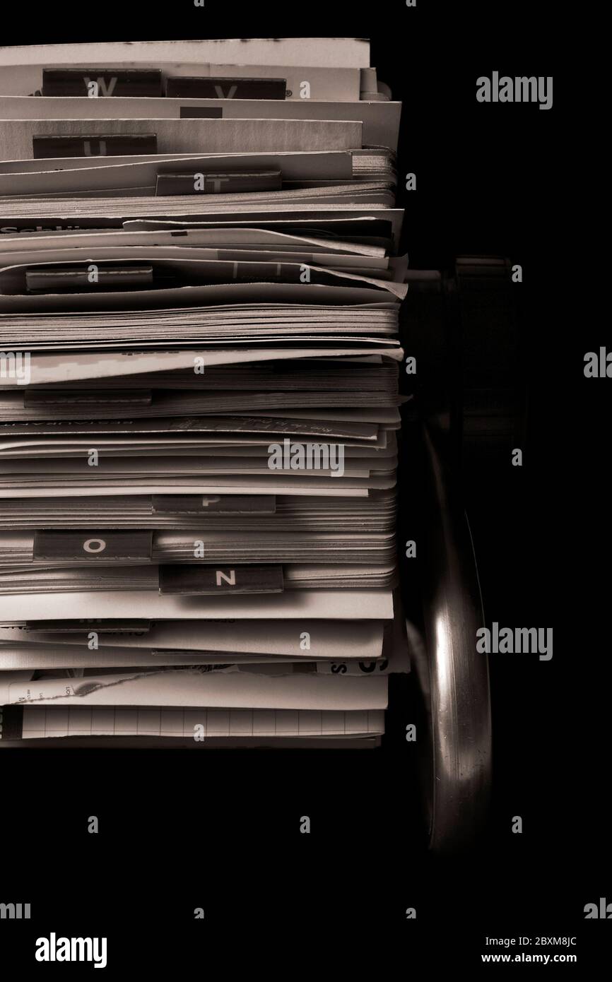 vue avant du porte-lime rolodex vintage, ton sépia Banque D'Images