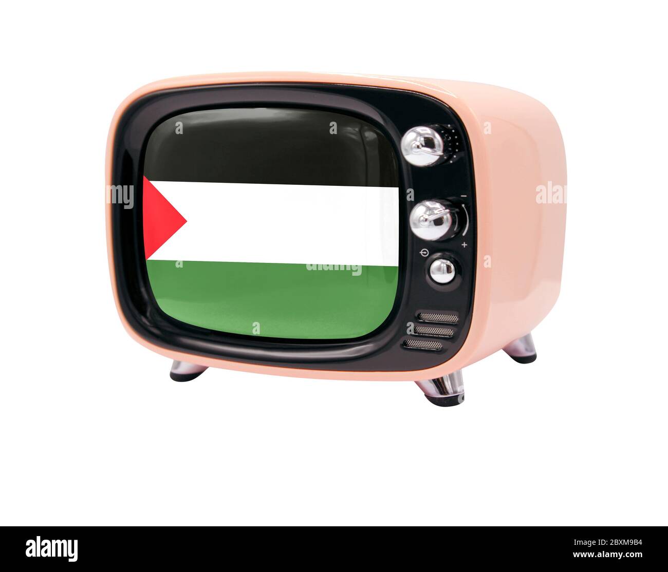 Le vieux téléviseur rétro est isolé sur fond blanc avec le drapeau de la Palestine Banque D'Images