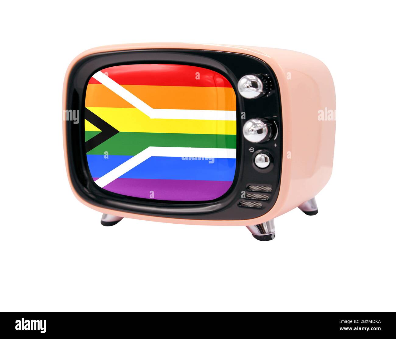 Le rétro vieux téléviseur est isolé sur fond blanc avec le drapeau de la fierté gay de l'Afrique du Sud Banque D'Images