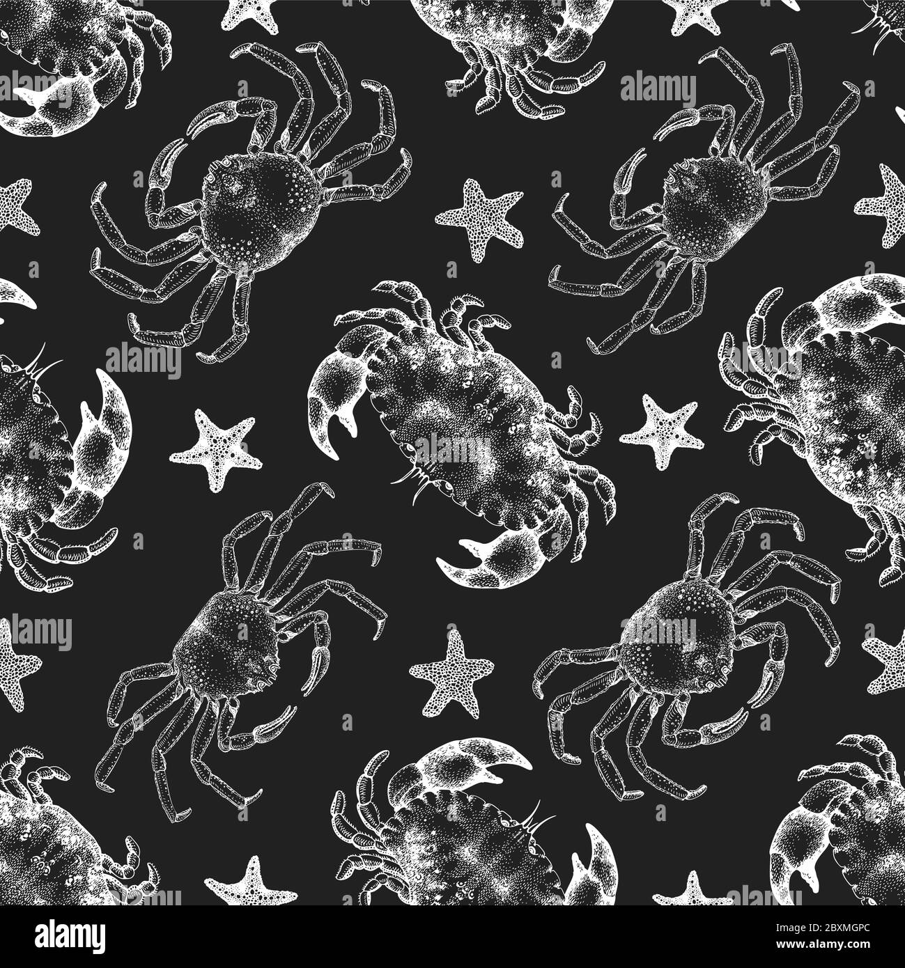 Motif de fruits de mer à la main sans coutures. Crabes vectoriels et illustrations d'étoiles de mer sur tableau de craie. Arrière-plan marin vintage Illustration de Vecteur