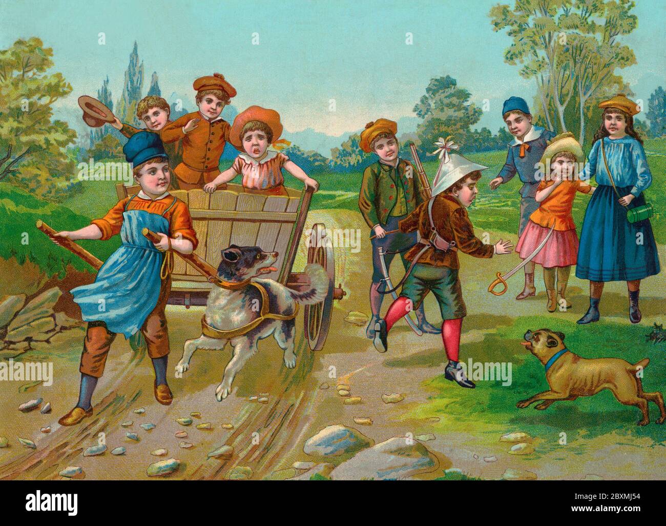 Ancienne illustration. Sur cette illustration britannique du XIXe siècle, les enfants jouent à l'extérieur. Une scène estivale heureuse. Banque D'Images