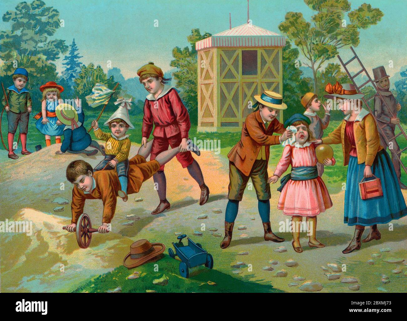 Ancienne illustration. Sur cette illustration britannique du XIXe siècle, les enfants jouent à l'extérieur avec des jouets typiques de l'époque. Une scène estivale heureuse. Banque D'Images