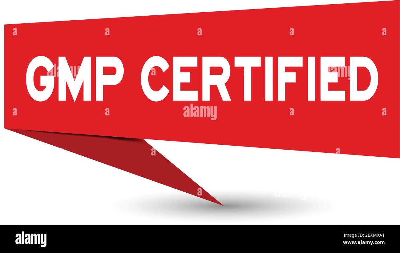 Bannière vocale sur papier rouge avec mot gmp (abréviation de bonnes pratiques de fabrication) certifiée sur fond blanc (Vector) Illustration de Vecteur