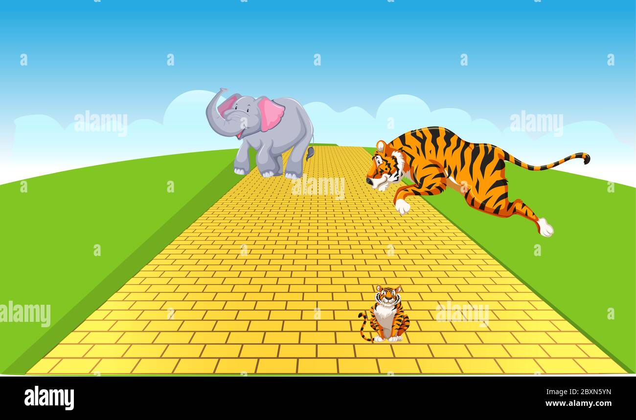 les animaux sont en train de courir sur une route dorée dans un jardin Illustration de Vecteur