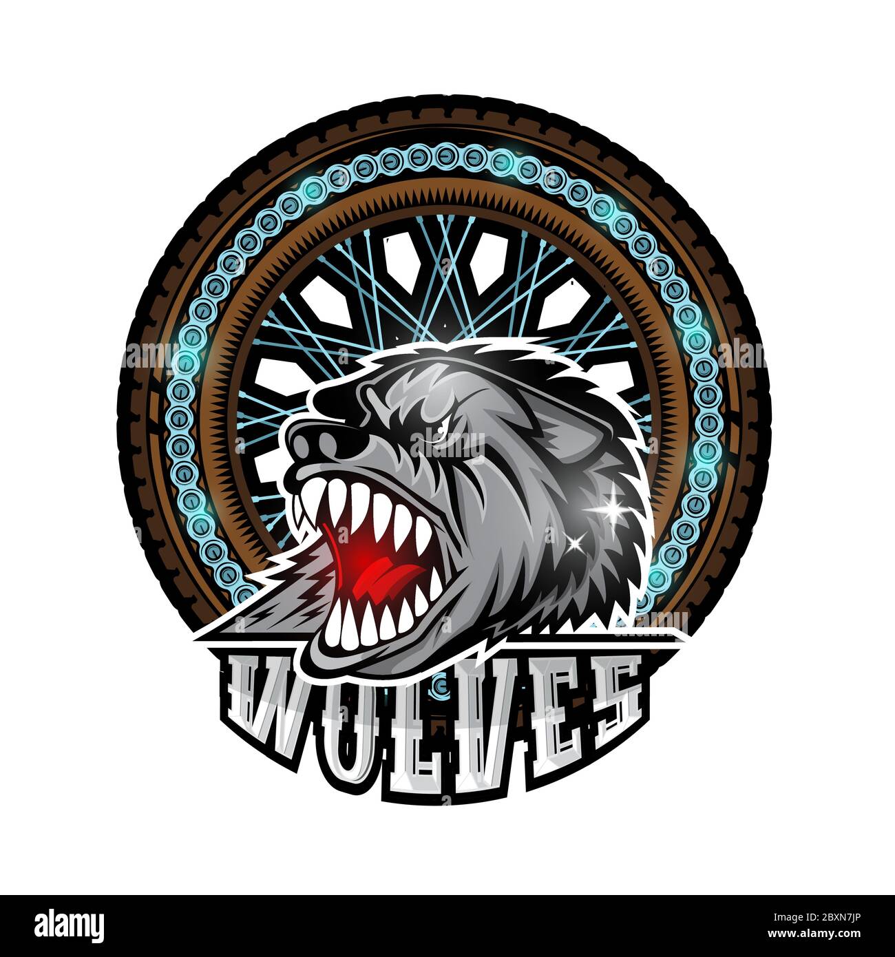 Tête de Wolf au centre de la roue de moto, étiquette de couleur sur blanc. Illustration de Vecteur