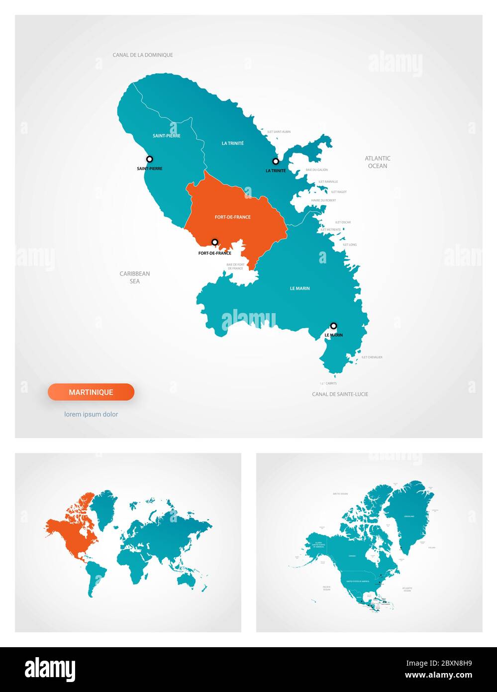 Modèle de carte de Martinique modifiable avec repères. Martinique sur la carte du monde et sur la carte de l'Amérique du Nord. Illustration de Vecteur
