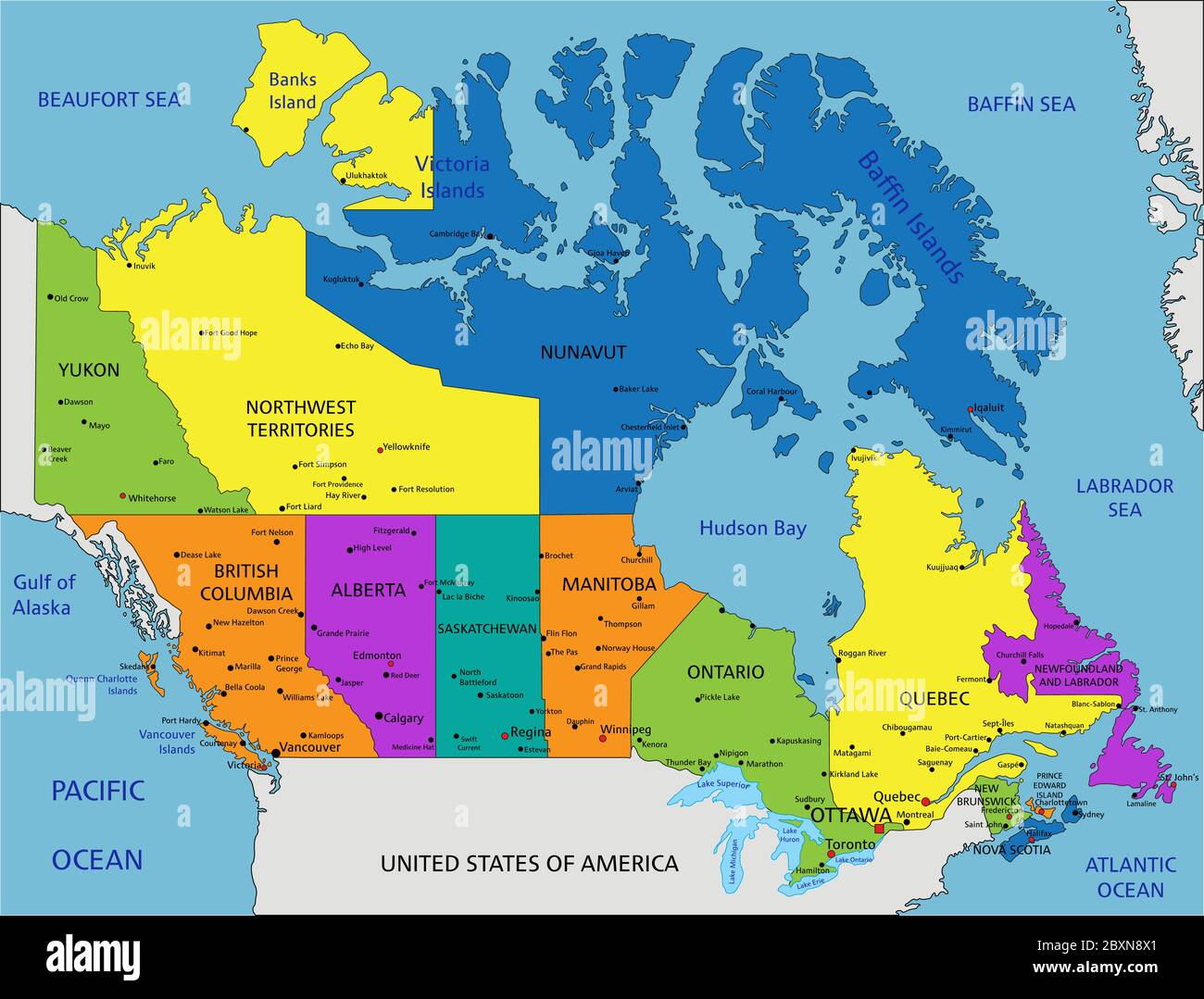 Carte politique du Canada colorée avec des couches clairement étiquetées et séparées. Illustration vectorielle. Illustration de Vecteur