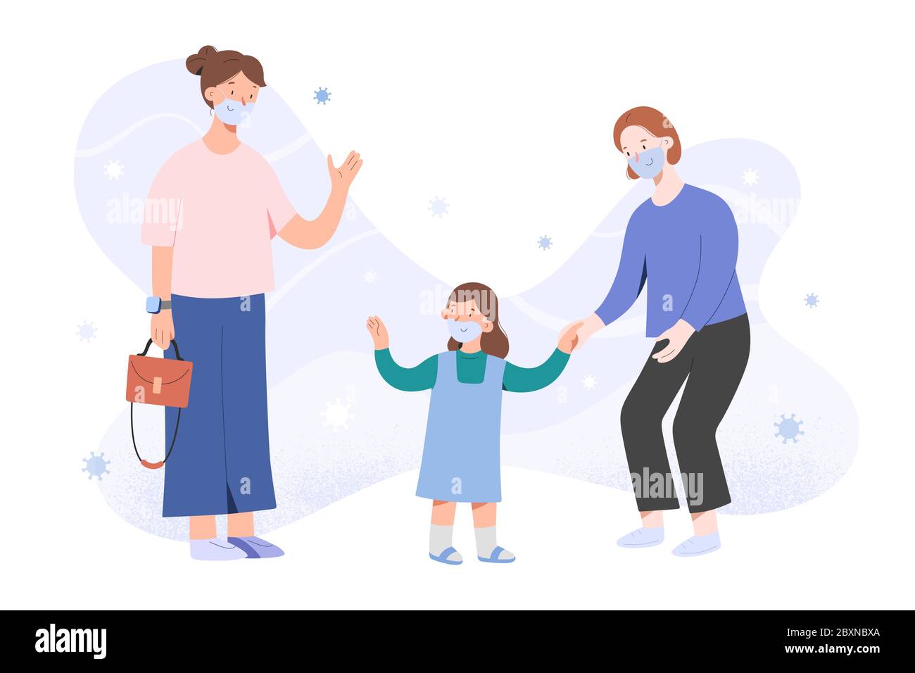 Mère emportant l'enfant à la maternelle après la pandémie du coronavirus, en signe d'adieu, fille et nounou dans les masques faciaux, les enfants reviennent à l'école après la cavique Illustration de Vecteur