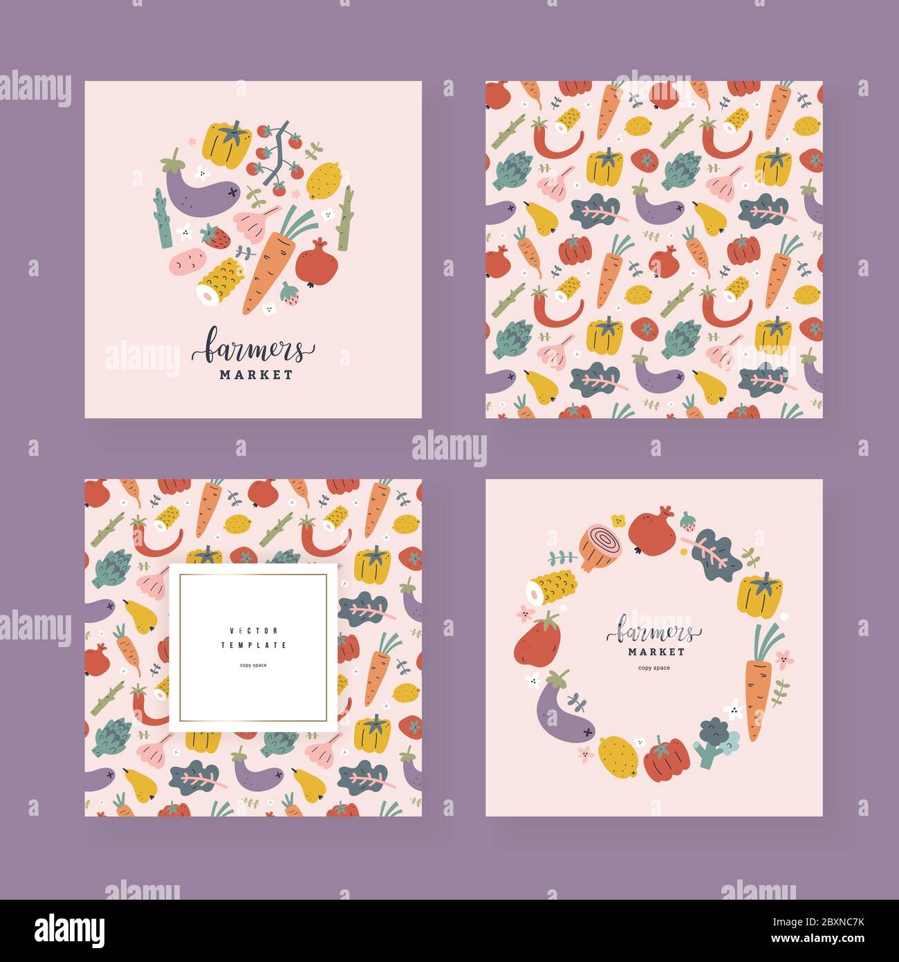 Ensemble de cartes de légumes, collection de modèles vectoriels avec illustrations de divers fruits et légumes, design pour invitation, affiche de marché des agriculteurs ou Illustration de Vecteur