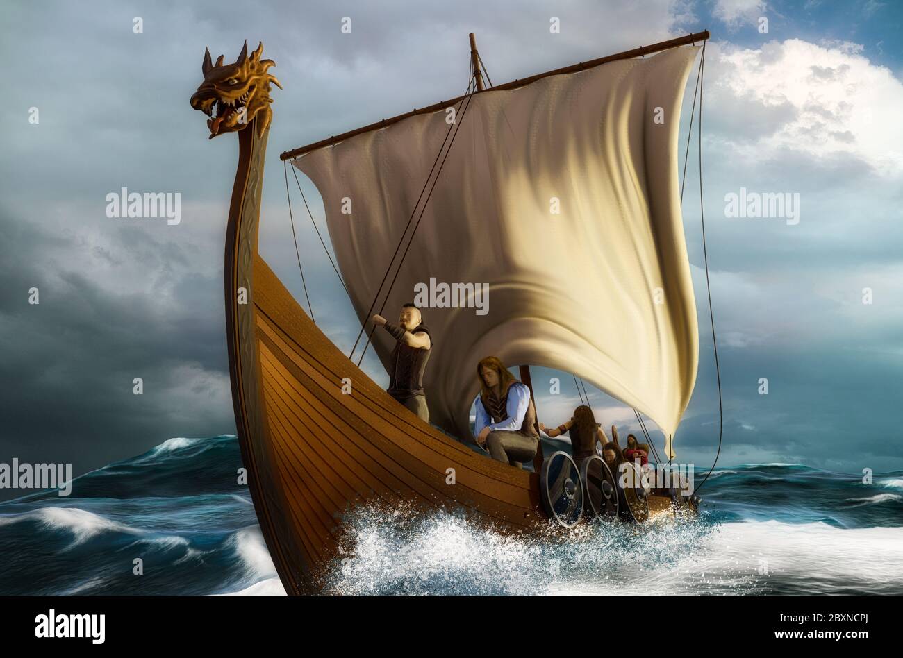 Bateau viking sur la mer. Drakkar dans l'océan ondulé. Scène 3D avec peinture numérique. Banque D'Images
