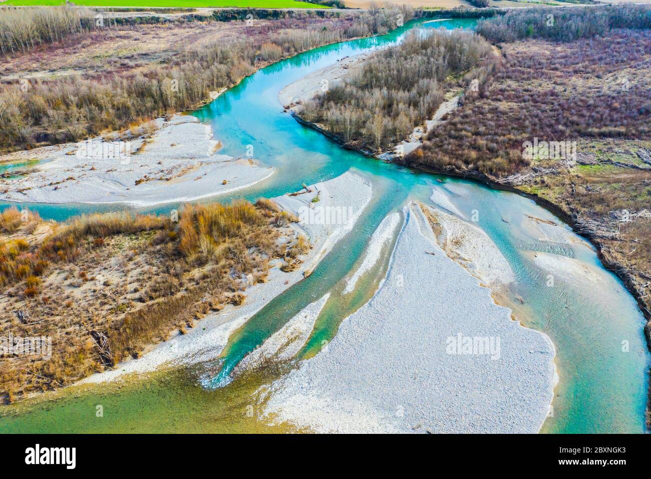 Vue aérienne d'une rivière et de sédiments. Banque D'Images