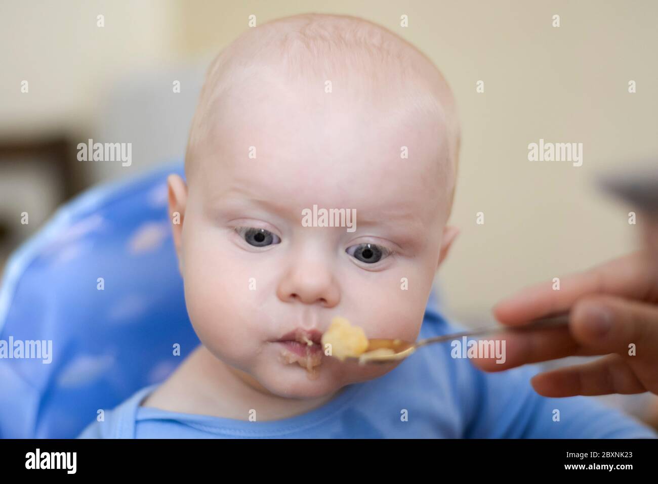Maman Nourrit Son Fils Drole D Une Cuillere Avec De La Compote De Pommes Photo Stock Alamy
