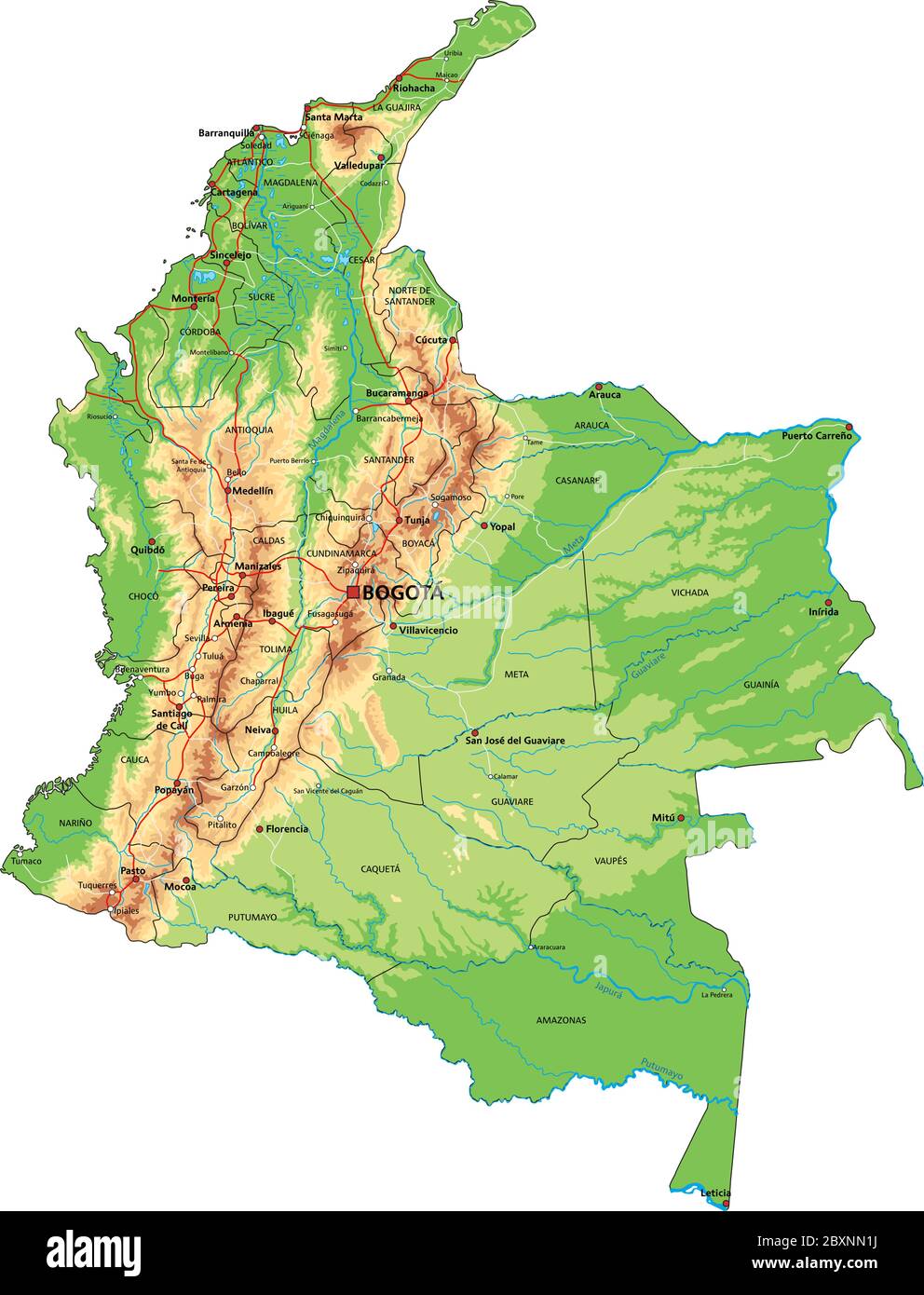 Carte physique Colombie haute détaillée avec étiquetage. Illustration de Vecteur