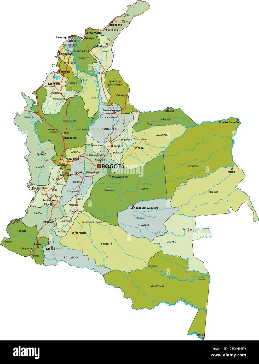 Carte politique modifiable très détaillée avec couches séparées. Colombie. Illustration de Vecteur