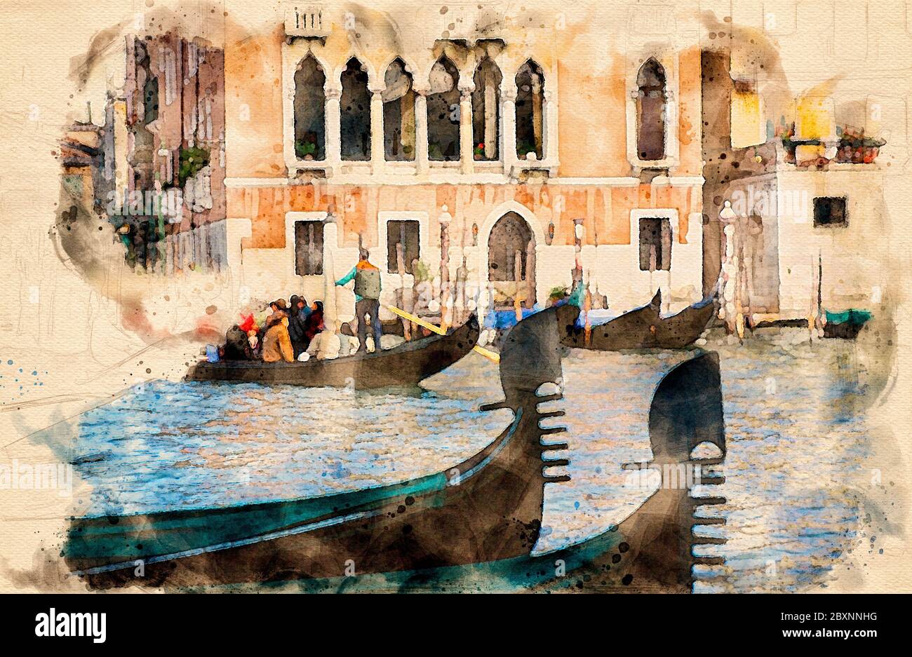 Peinture aquarelle des gondoles à Venise, en Italie, devant un palais doré vénitien élaboré. Banque D'Images