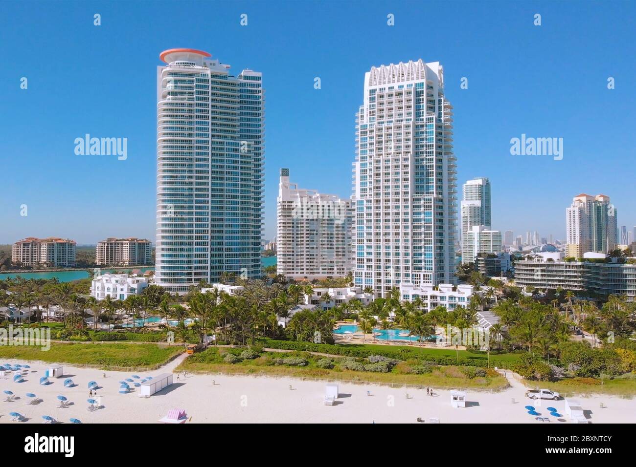 Vue aérienne South Pointe Beach, Miami, Floride Banque D'Images