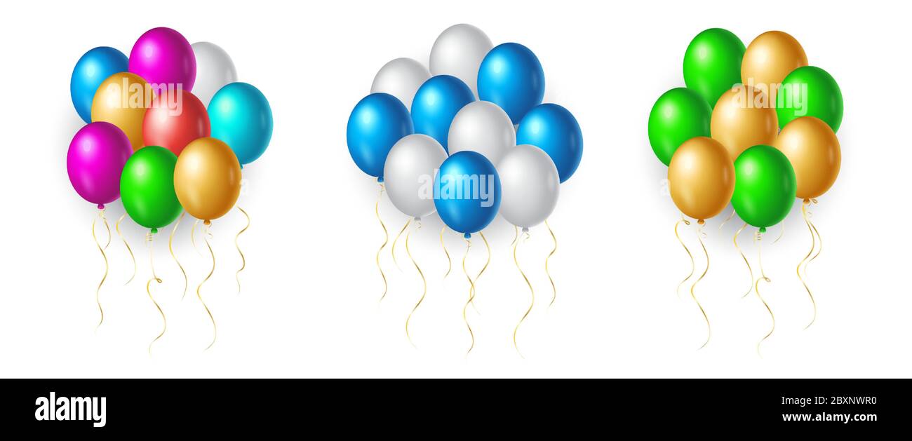 Ensemble de ballons d'hélium de couleur arc-en-ciel sur fond blanc. Éléments de design réalistes et colorés en rouge, blanc, doré, vert, bleu, rose Illustration de Vecteur