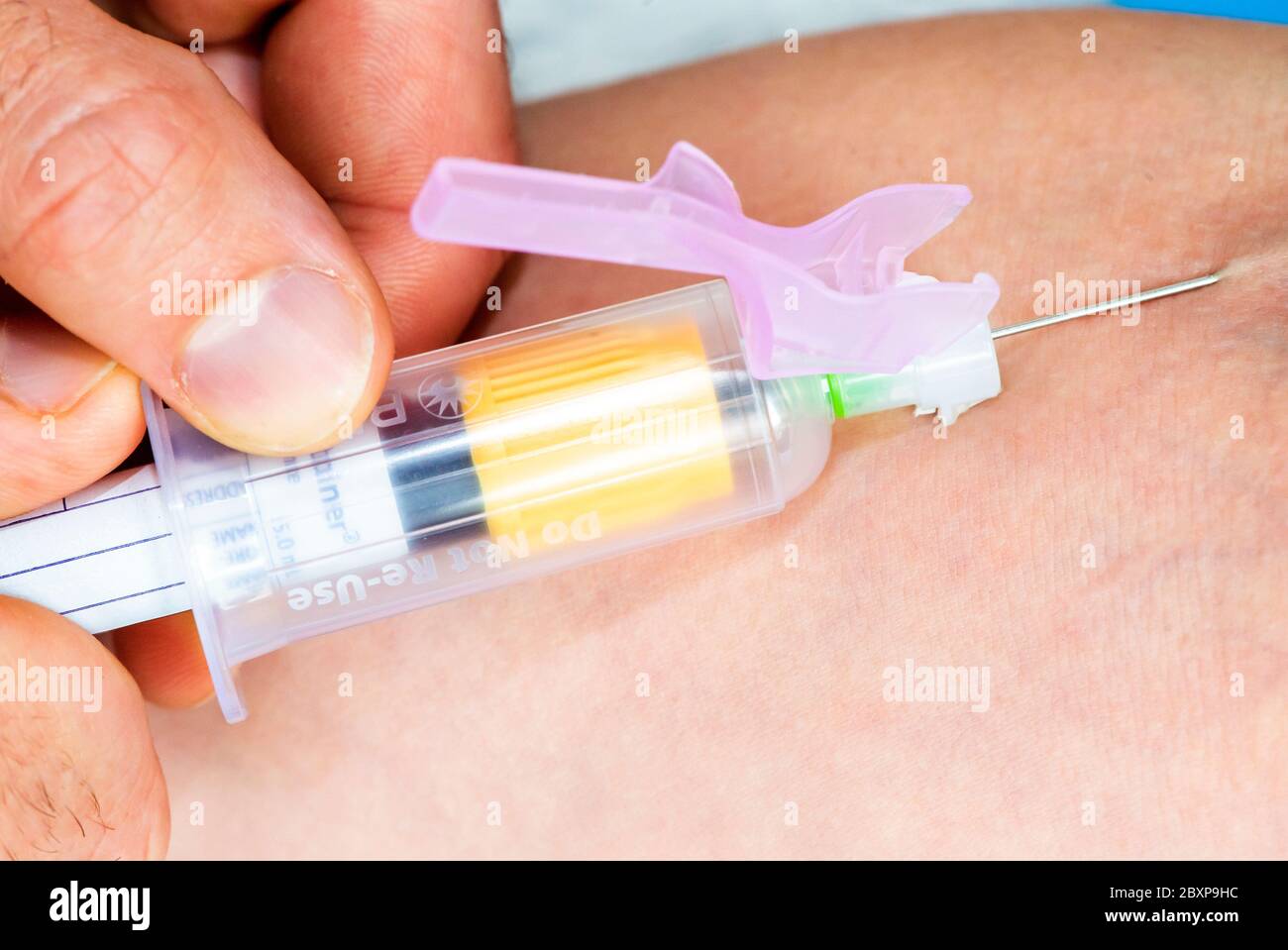 Un médecin prélève un échantillon de sang dans le bras d'un patient Banque D'Images