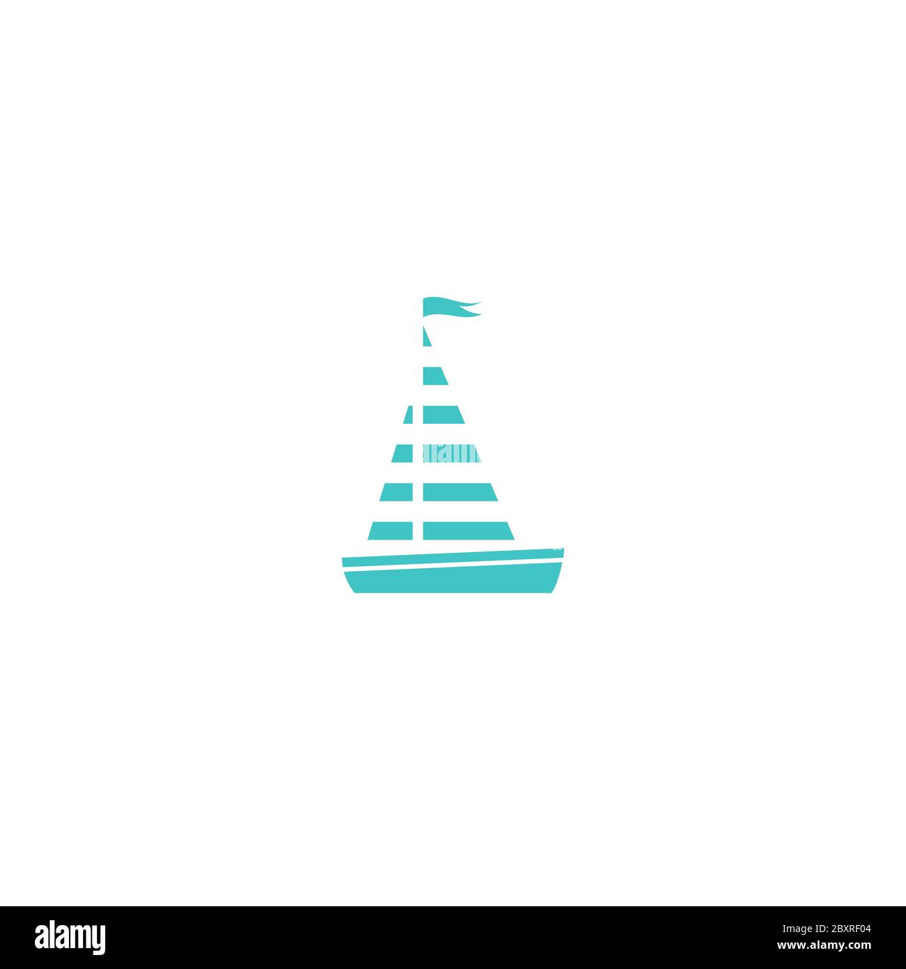 Silhouette de yacht bleu plat avec voiles et drapeau. Isolé sur fond blanc. Carte de vœux marine estivale. Logo de voyage. Illustration vectorielle. Illustration de Vecteur