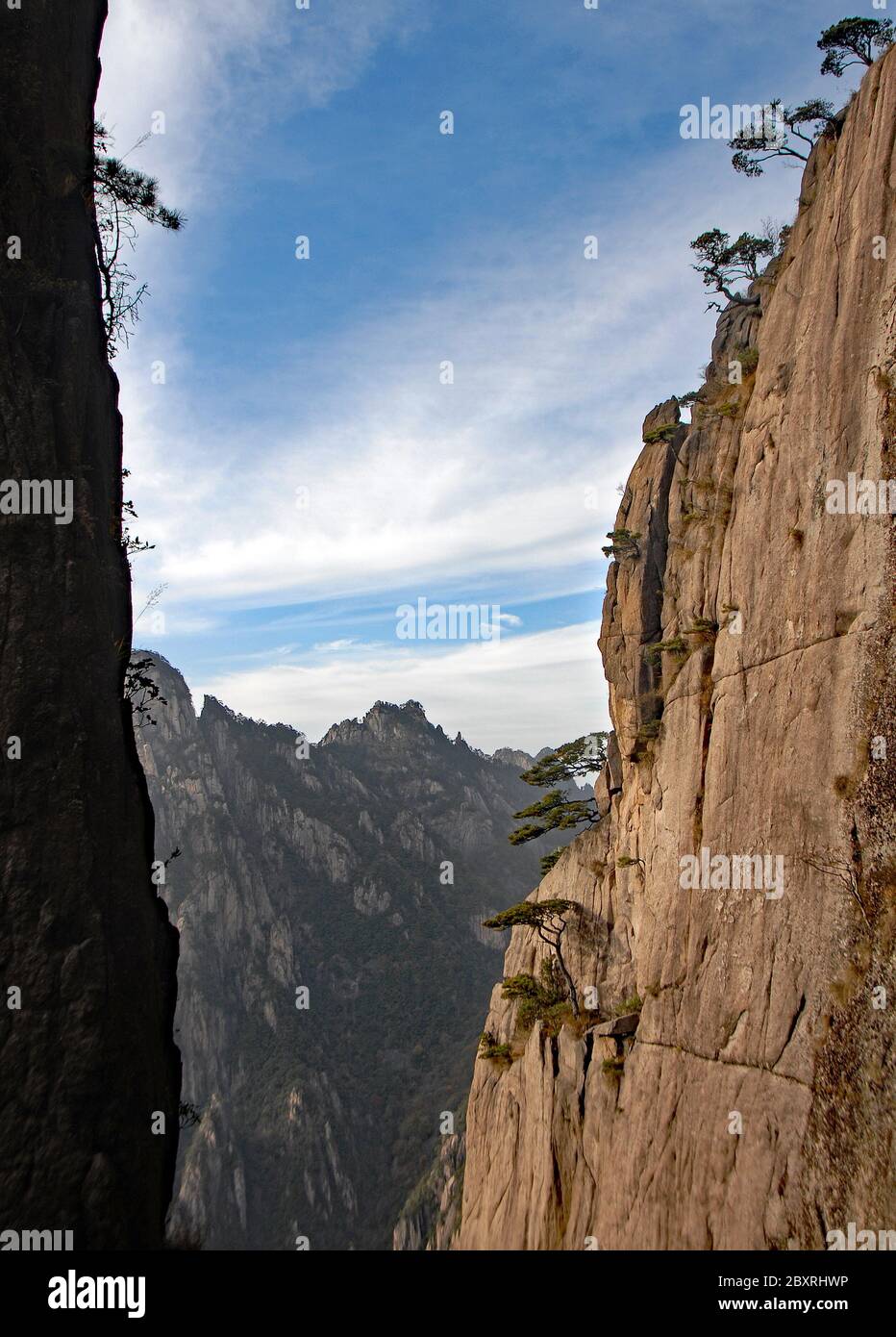 Huangshan Mountain dans la province d'Anhui, Chine. Entre le pont Sanxi et le pont de randonnée Fairy sur Huangshan, qui vous permet de traverser la mer de l'Ouest ou Xi Hai. Banque D'Images