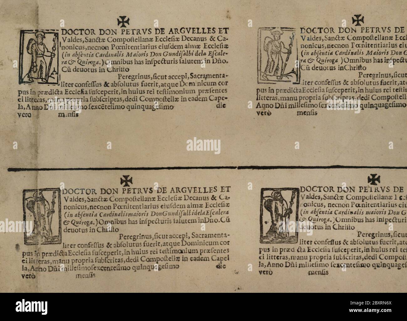 Feuille imprimée avec Compostelas. Papier. Saint-Jacques-de-Compostelle  (Galice, Espagne), 1650. La Compostelle est un document qui permet  d'authentifier que le pèlerinage a été terminé. L'image de Santiago  apparaît, le nom de l'expéditeur et