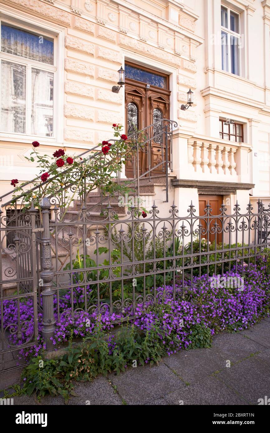 Fleurs devant une maison de style Wilhelminien sur Arndtstrasse dans le quartier Suedstadt, Bonn, Rhénanie-du-Nord-Westphalie, Allemagne. Blumen vor einem Gru Banque D'Images