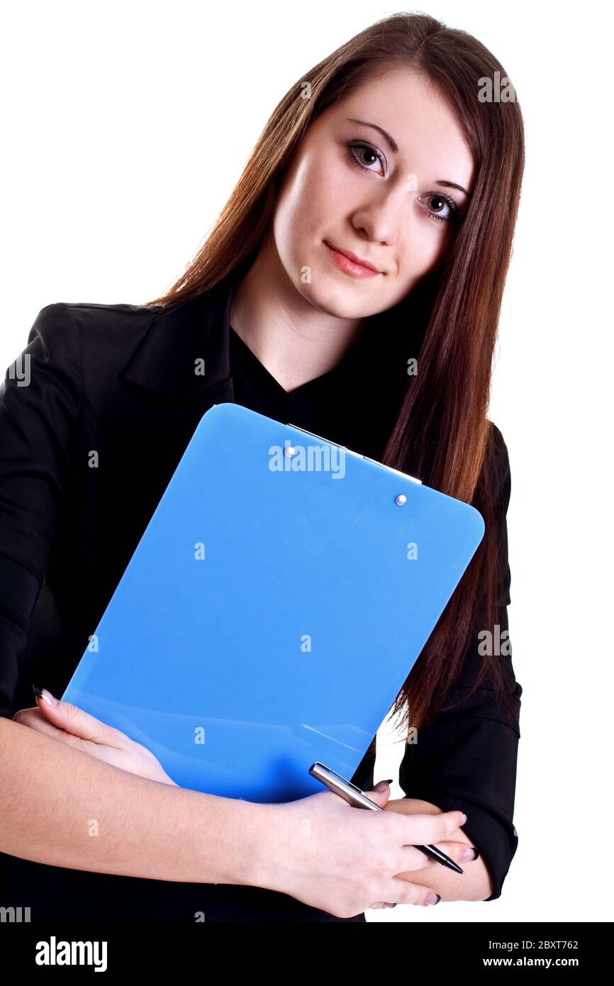 femme d'affaires en costume avec presse-papiers Banque D'Images