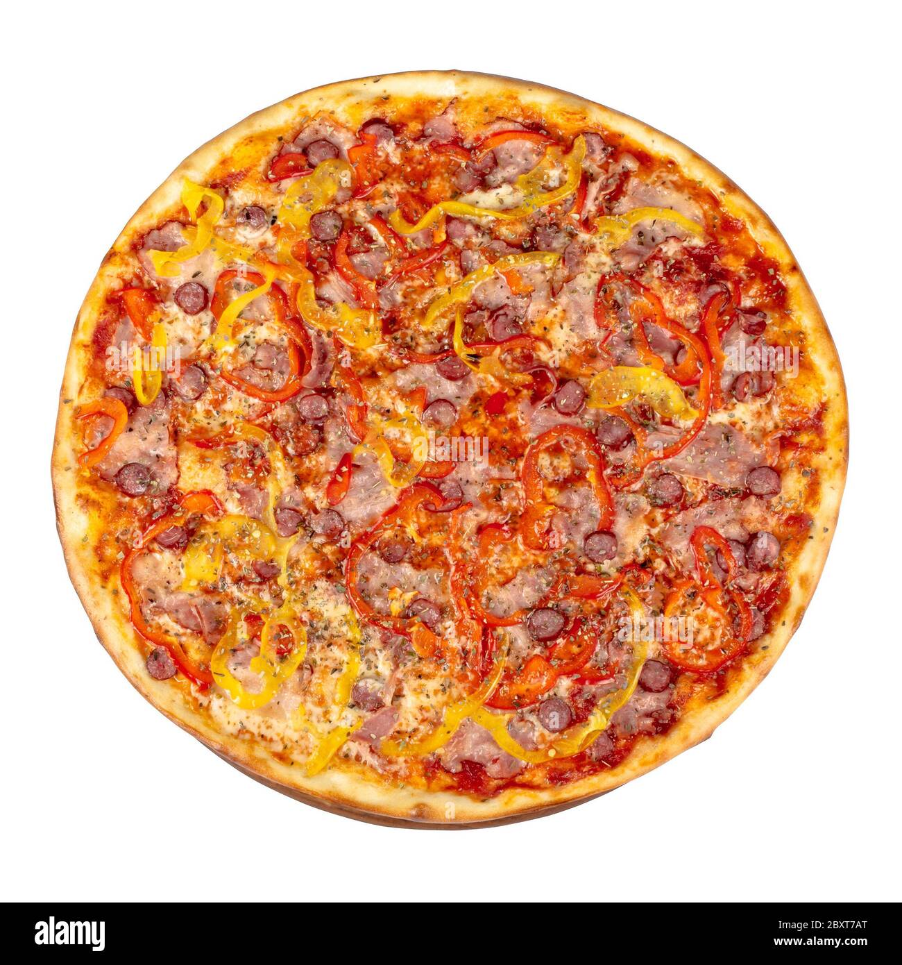 pizza savoureuse sur un panneau de bois. cuisine italienne isolée sur fond blanc. vue du dessus Banque D'Images