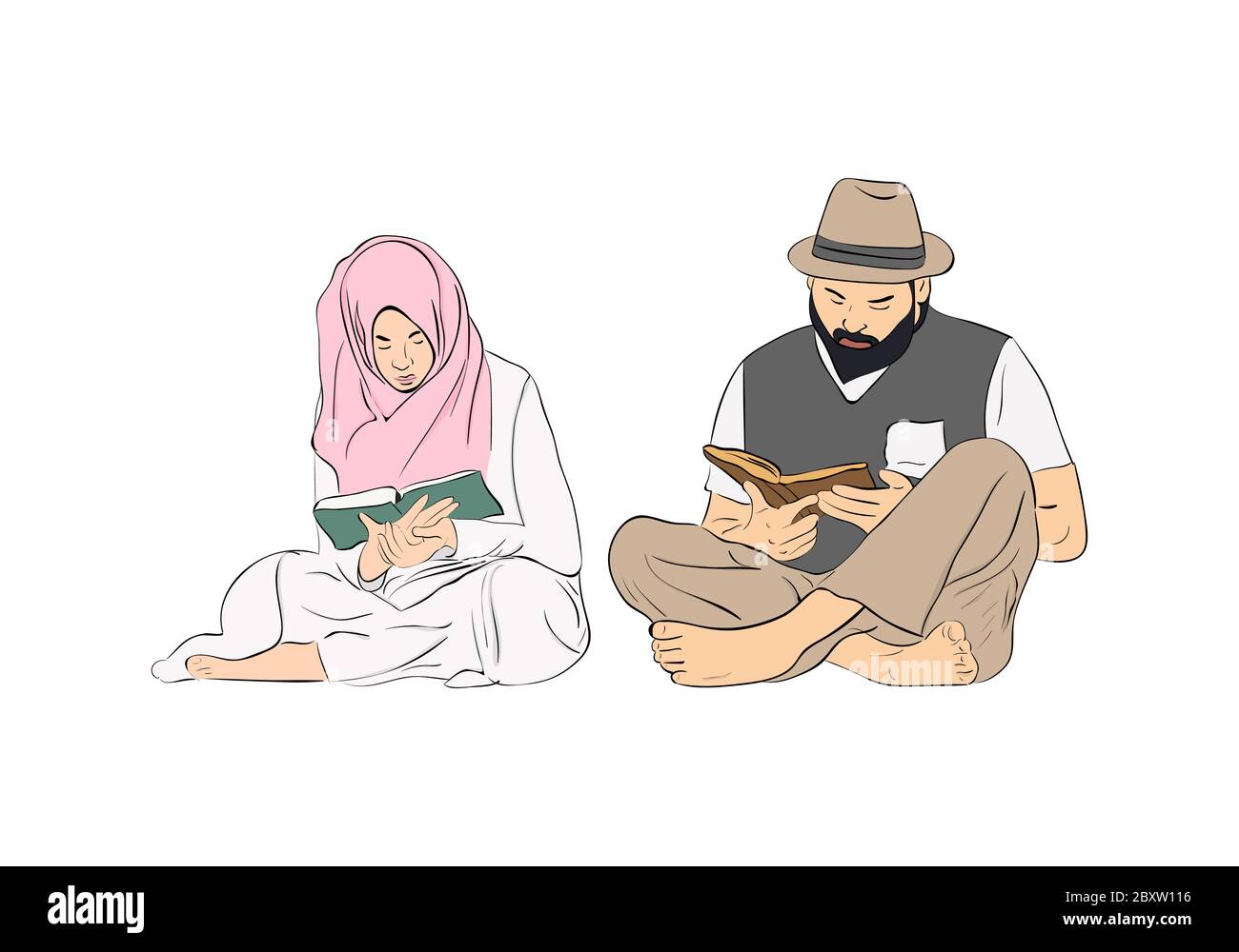 Femme et homme musulmans lisant des livres religieux. Illustration vectorielle. Illustration de Vecteur