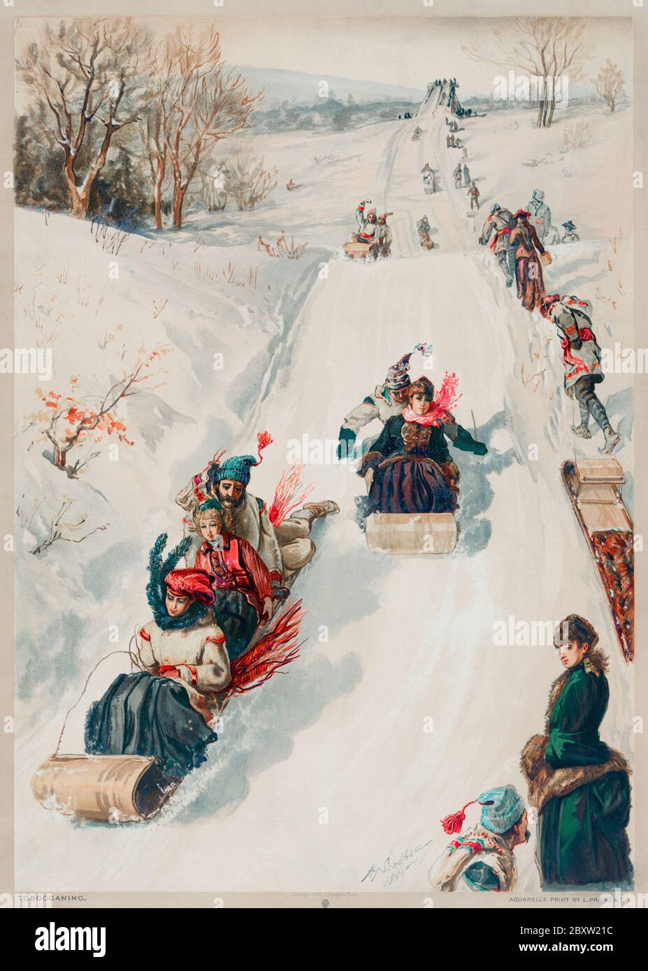 'Toboggan' chromolithographie (1886) par Henry Sandham (1842-1910). Banque D'Images