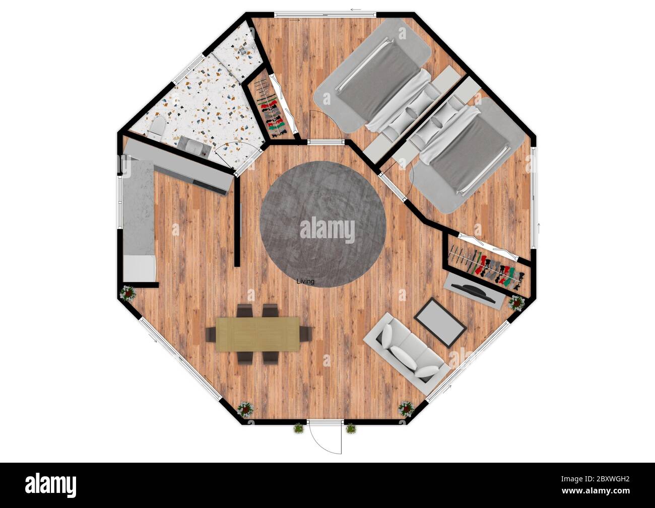 vue de dessus du plan d'étage 3d. Ensemble de plans du rez-de-chaussée. Plans d'étage pour l'immobilier. Plan architectural 3d avec le mobilier. Plan d'étage en couleur. Banque D'Images