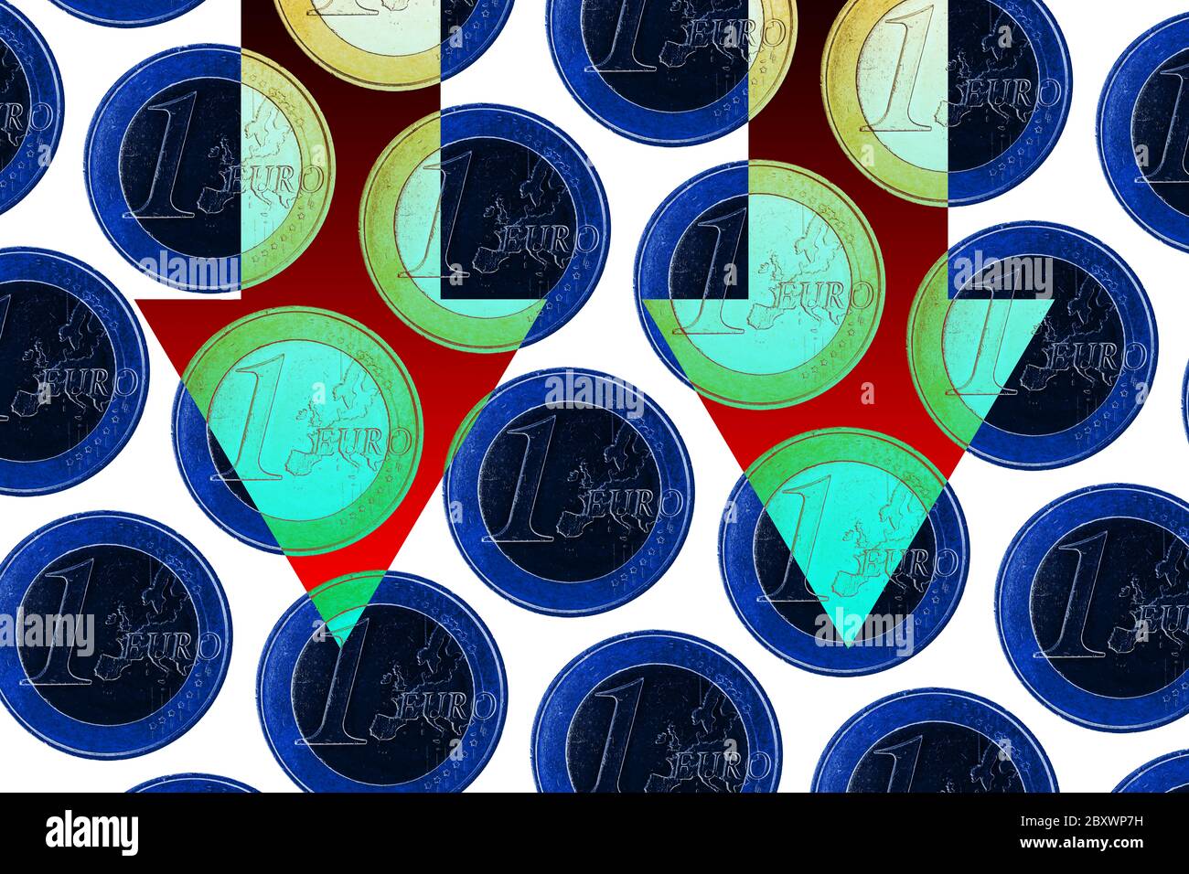 un modèle de pièce d'un euro avec des flèches rouges vers le bas concept de perte économique et de ralentissement ou de réduction des prix Banque D'Images