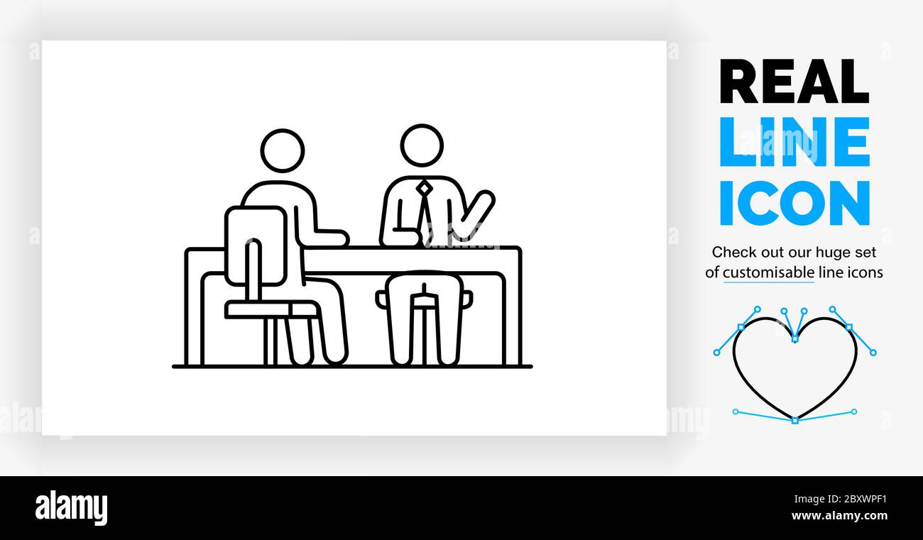 Icône en ligne réelle modifiable représentant deux personnes en forme de bâton, assis à un bureau Illustration de Vecteur