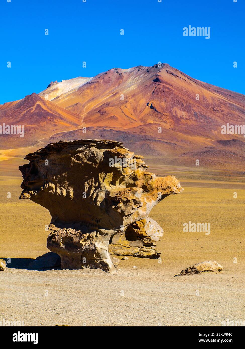 Formation de roche en pierre dans le paysage désertique d'Altiplano avec ciel bleu, Bolivie Banque D'Images