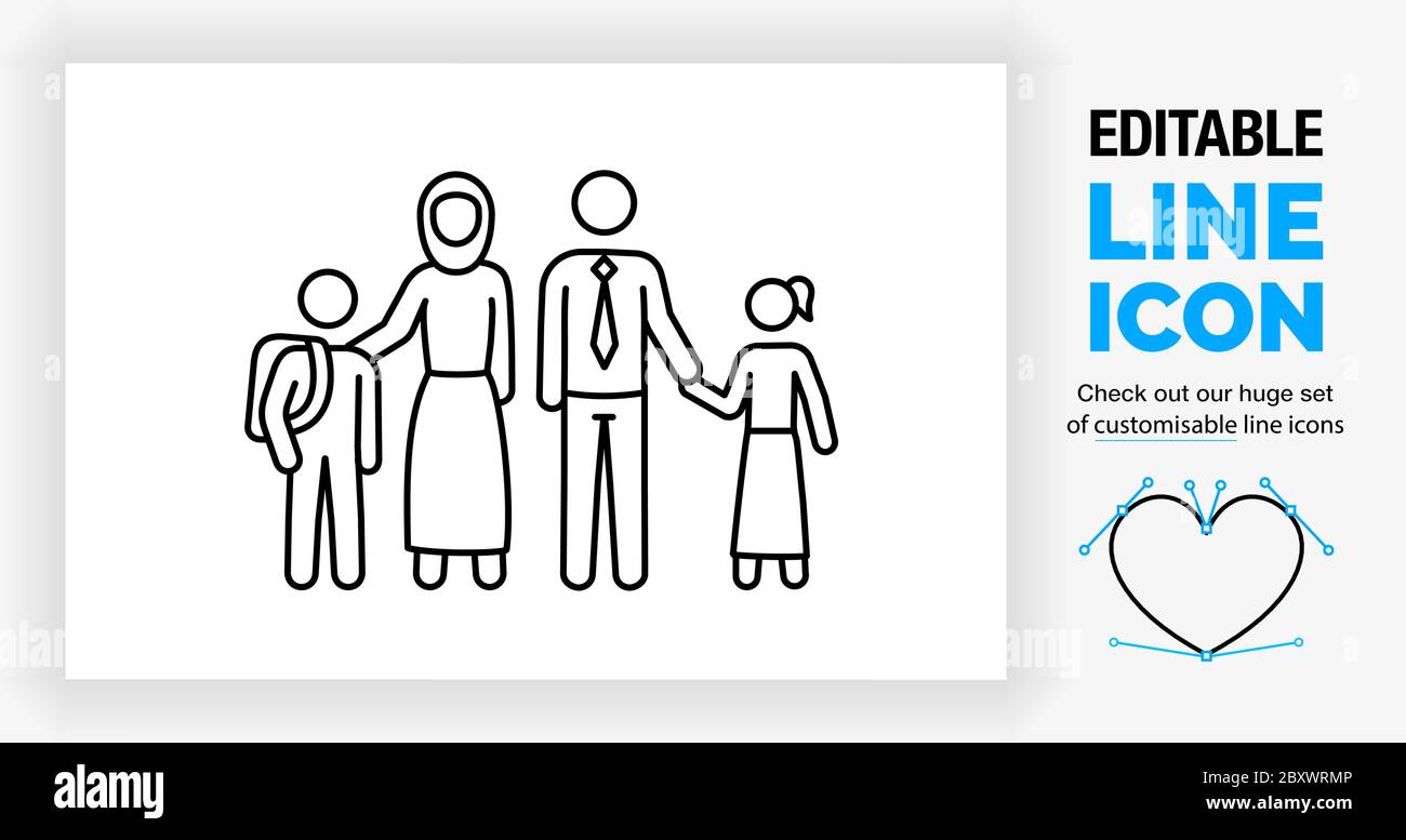 Icône de ligne modifiable d'un jeu de figures de bâton familial musulman Illustration de Vecteur