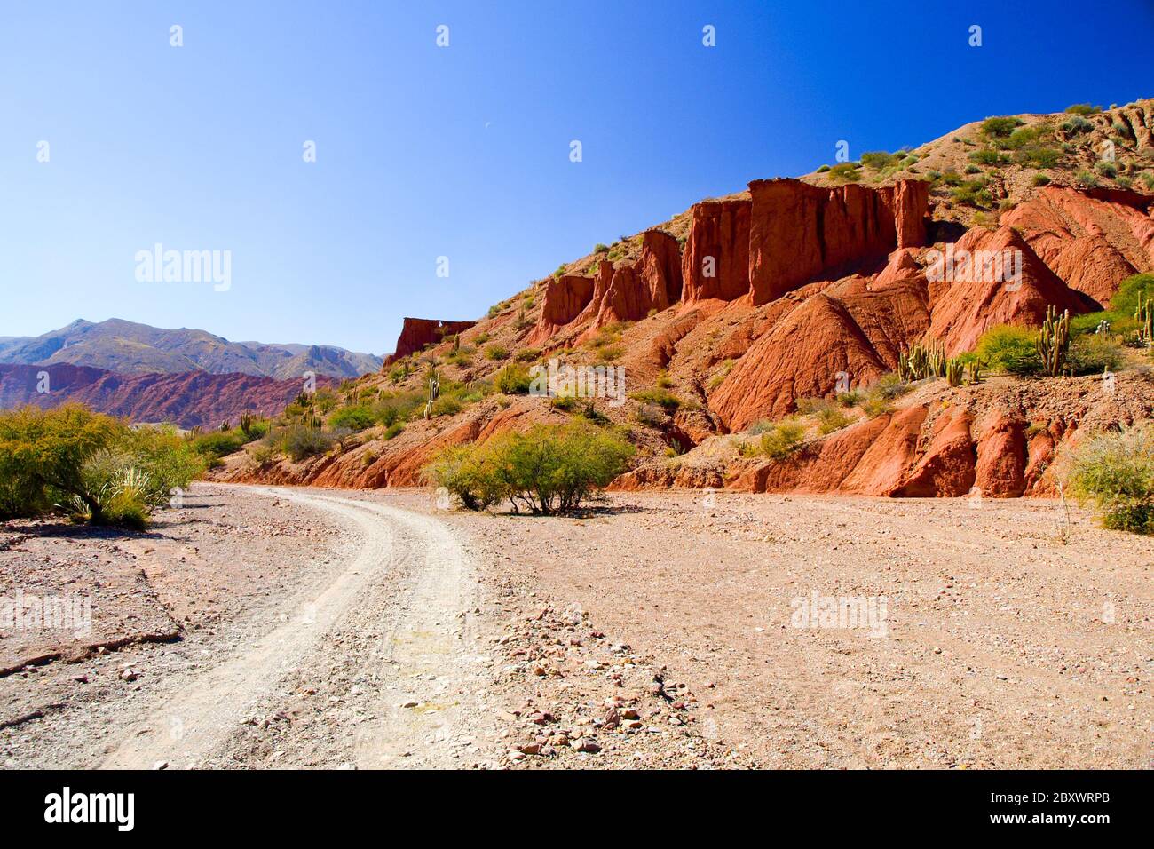 Paysage occidental avec formations rocheuses rouges dans la Quebrada de Palmira sèche près de Tupiza, Andes boliviennes, Amérique du Sud. Banque D'Images