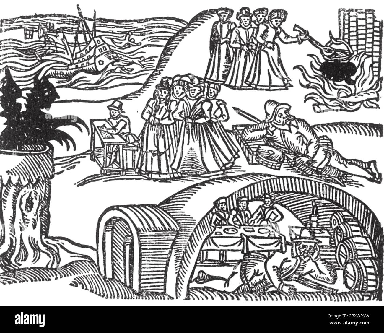 ESSAIS DE SORCIÈRES DE BERWICK NORD 1590. Les sorcières rencontrent le diable dans une coupe de bois de la brochure de 1591 'Newes from Scotland'. L'une des accusations a soulevé une tempête lors du voyage du roi James VI et de la princesse Anne de retour de Norvège. Le navire est affiché en arrière-plan. Banque D'Images