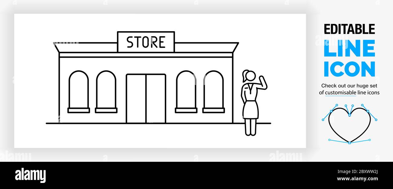 Icône de ligne modifiable d'une figure de bâton propriétaire de petite entreprise devant le magasin het Illustration de Vecteur