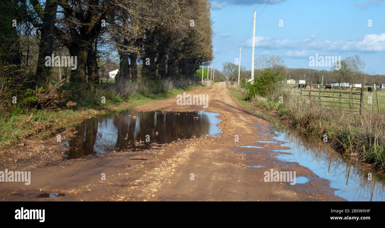 Une route rurale pleine de trous de couperet, de nids-de-poule et de déparchemins retient l'eau après une pluie nocturne. Il pourrait utiliser des travaux de réparation et des charges de grave Banque D'Images