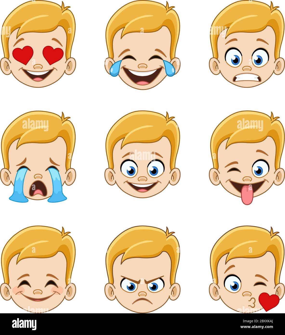 Collection d'expressions du visage d'emoji d'un jeune garçon blond avec des yeux bleus Illustration de Vecteur