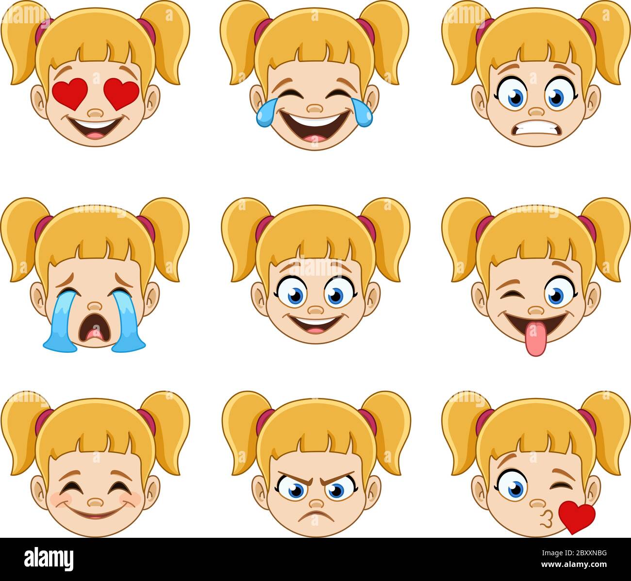 Emoji visage expressions collection d'une jeune fille blonde avec des queues de cheval et des yeux bleus Illustration de Vecteur