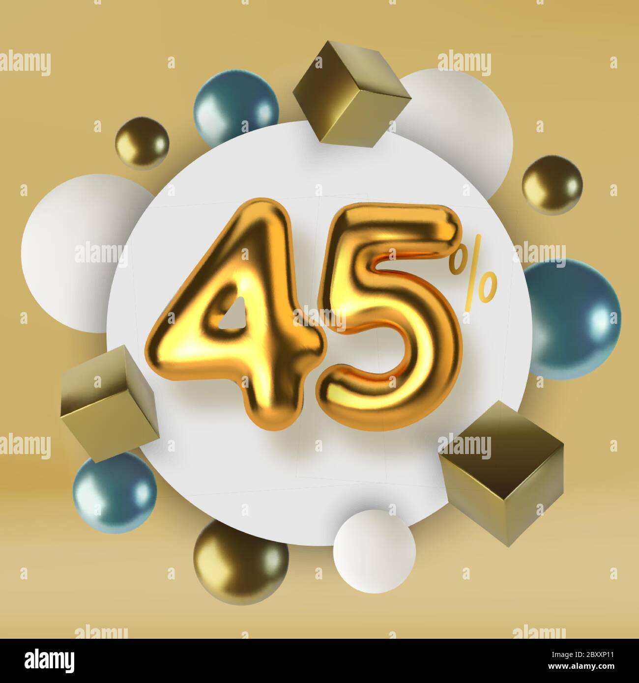 45 rabais sur les promotions en 3d gold text. Nombre sous forme de bulles dorées.sphères et cubes réalistes. Arrière-plan abstrait de Illustration de Vecteur