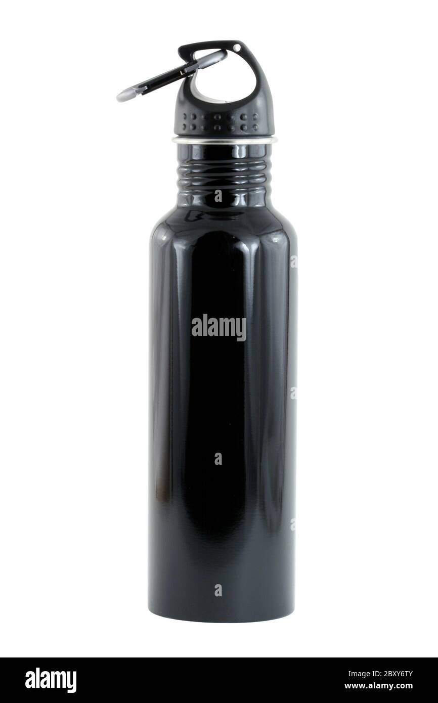 Une bouteille d'eau en aluminium noir isolé Banque D'Images
