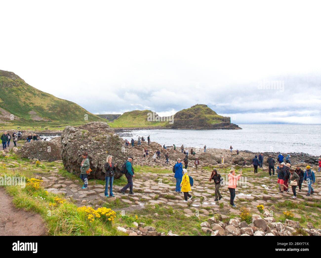 Les gens explorant les milliers d'anciennes colonnes de basalte imbriquées de la chaussée des géants sur la côte nord du comté d'Antrim, en Irlande du Nord. Banque D'Images