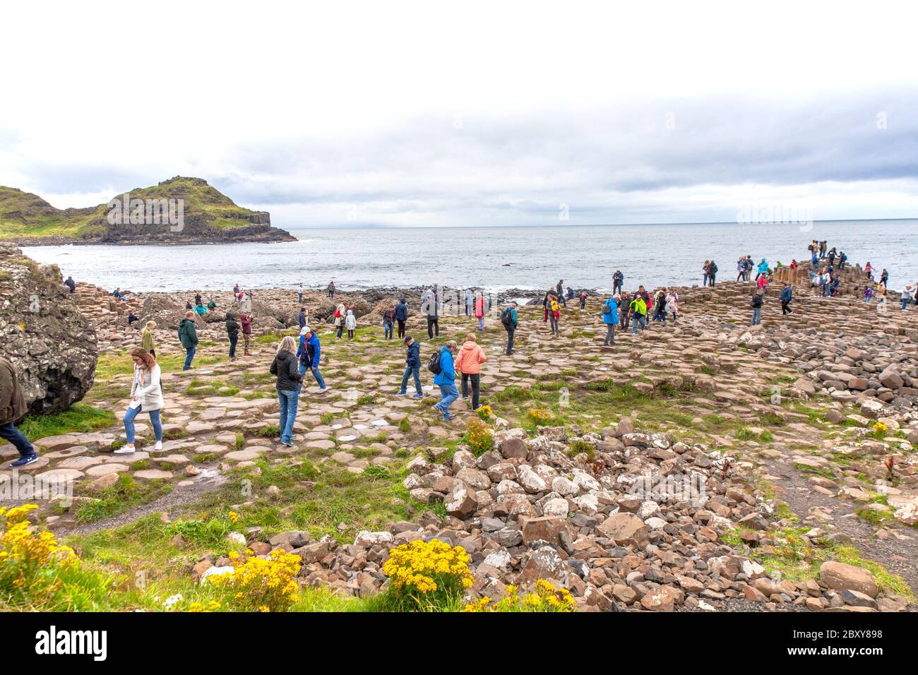 Les gens explorant les milliers d'anciennes colonnes de basalte imbriquées de la chaussée des géants sur la côte nord du comté d'Antrim, en Irlande du Nord. Banque D'Images