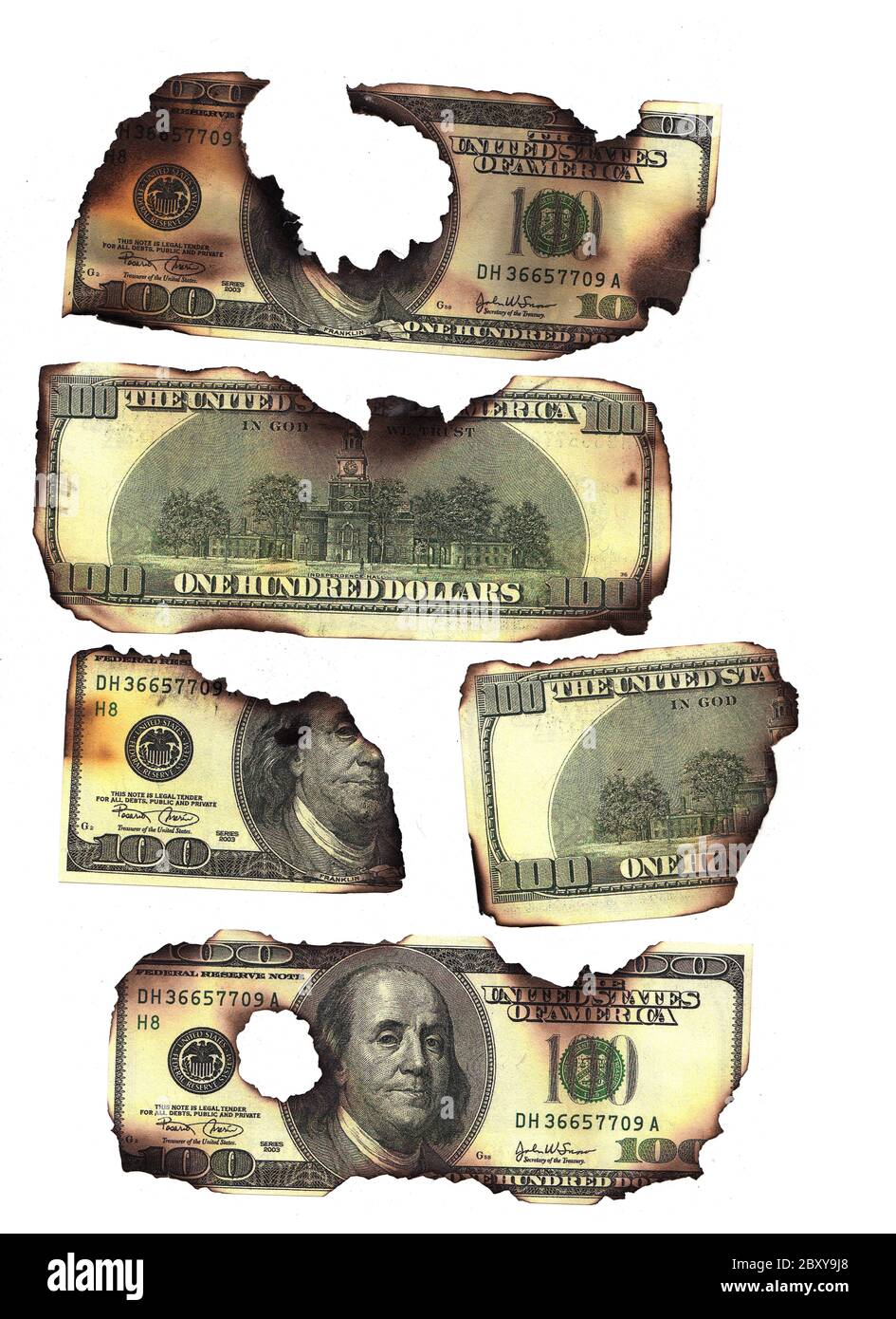 100 dollar bills brûlé perte financière récession risque de dépression Banque D'Images