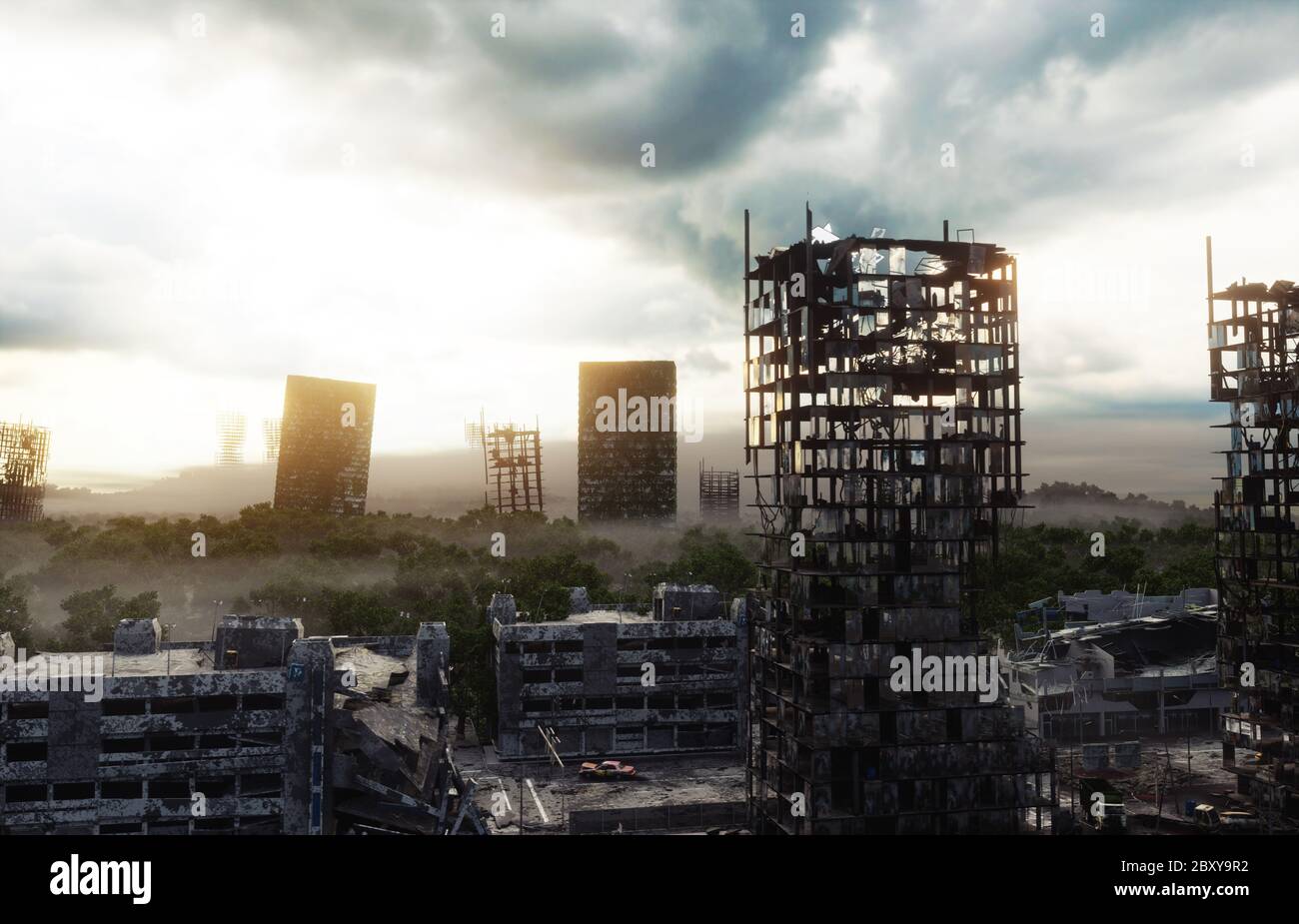 Apocalypse ville dans le brouillard. Vue aérienne de la ville détruite. Concept Apocalypse. rendu 3d. Banque D'Images