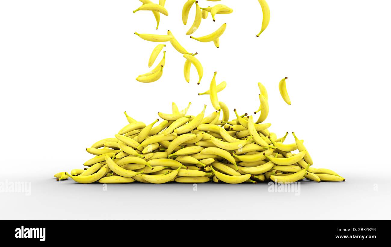 Bananes fraîches tombant avec des gouttes d'eau. Concept alimentaire. rendu 3d. rendu 3d Banque D'Images